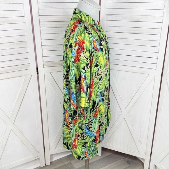 Pineapple Connection Tropical Parrots Hawaiian Camp Shirt Black Green Large - Picture 3 of 10